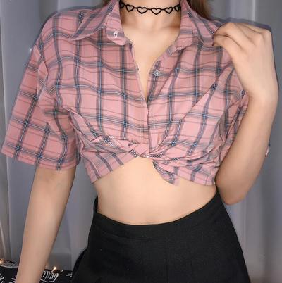 Pastel Pink Checker Plaid High Waist Blouse