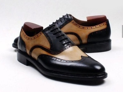 Handmade Men's Lace Up Wing Tip Shoes, Men's Beige Black Leather Shoes