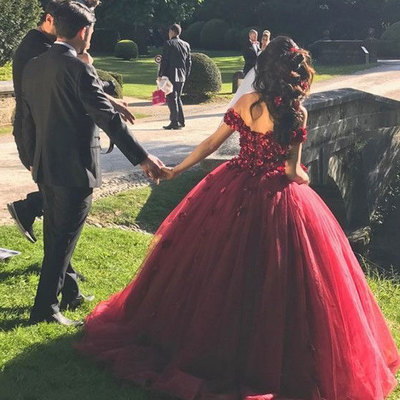 Off the shoulder burgundy prom dresses quinceaneara gowns - Thumbnail 4