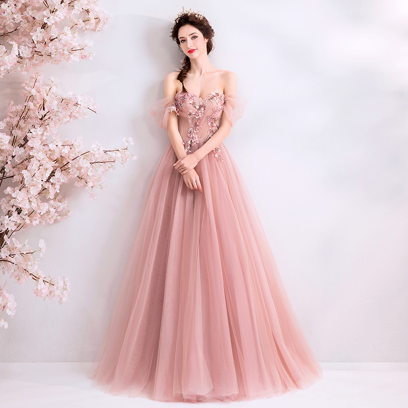 Pink tulle lace long prom dress, pink evening dress