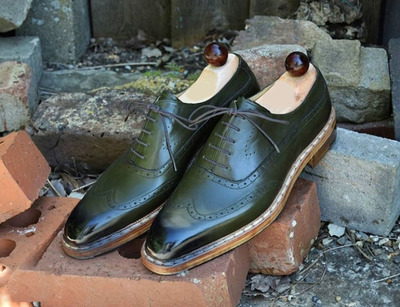 Handmade Men's Wing Tip Brogue Shoes, Men's Green Leather Lace Up Shoes