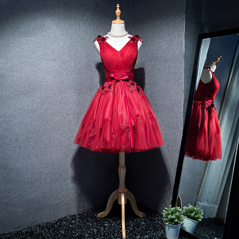 Cute v neck tulle lace short prom dress, homecoming dress