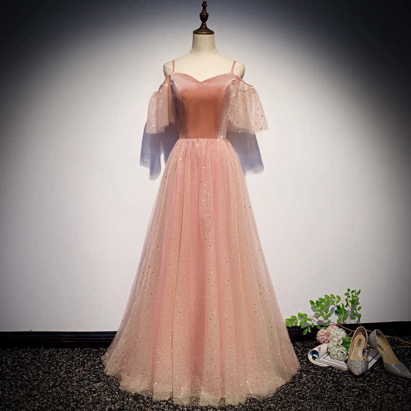 Pink velvet tulle long prom dress, pink evening dress