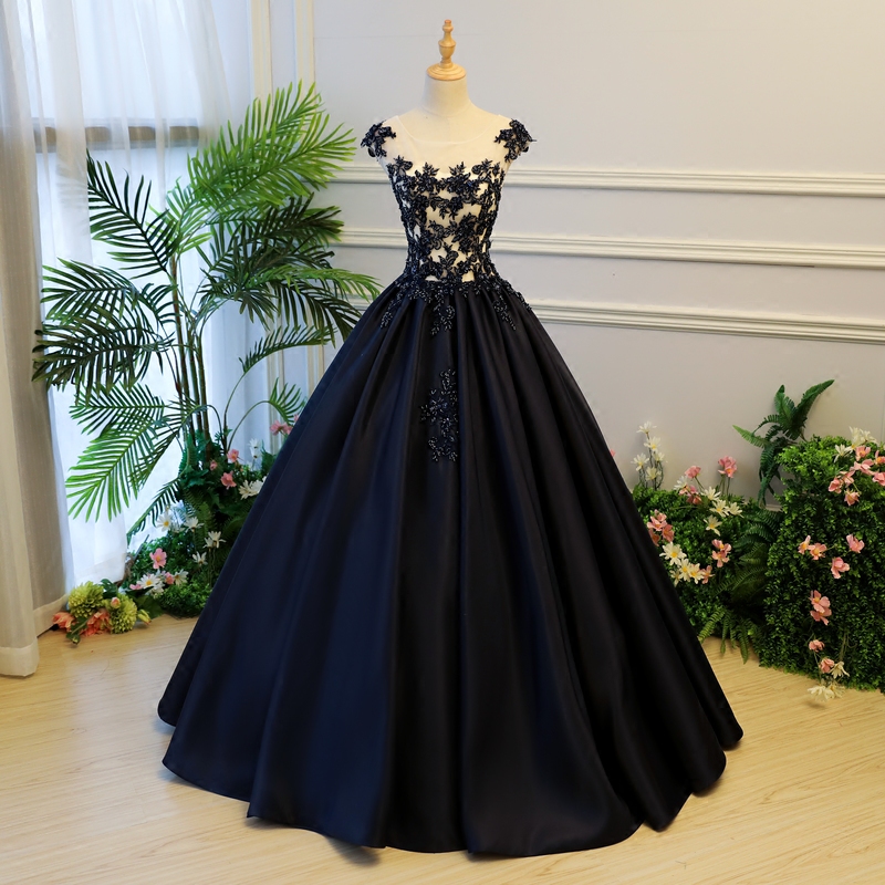 Blue round neck lace satin long prom dress, ball gown
