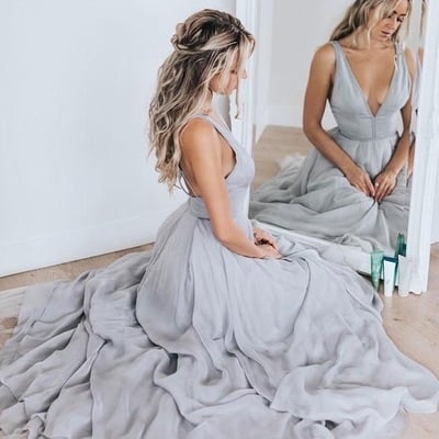 V neck soft chiffon long prom dresses evening gowns - Thumbnail 4