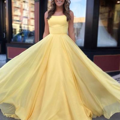 Charming a-line spaghetti straps cross back yellow chiffon long prom dresses,formal party dresses - Thumbnail 3