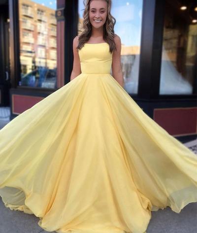 Charming A-Line Spaghetti Straps Cross Back Yellow Chiffon Long Prom Dresses,Formal Party Dresses
