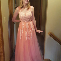 A-Line V Neck Open Back Orange Tulle Long Prom Dresses,Evening Party Dresses,Girls Junior Graduation Gown - Thumbnail 1