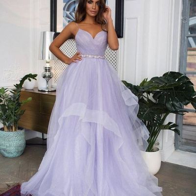 A-line v neck spaghetti straps open back lavender tulle long prom dresses,quinceanera dresses - Thumbnail 3