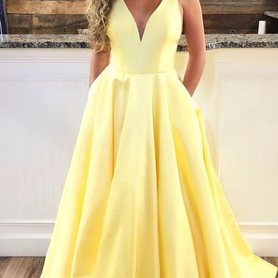 Simple a-line v neck open back yellow satin long prom dresses,graduation school party dresses - Thumbnail 4