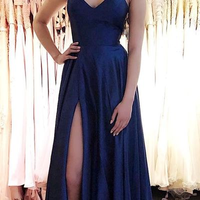 A-line v neck open back navy blue satin long prom dresses,simple evening party dresses - Thumbnail 4