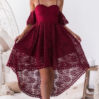 A-line sweetheart cross back burgundy lace high low short prom dresses,cocktail party dresses - Thumbnail 5