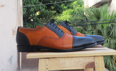 New Handmade Men Cap Toe Brogue Tan & Black Leather Dress Formal Lace Up Shoes