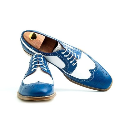 Handmade Men Wing Tip Brogue Blue & White Leather Dress Formal Shoes