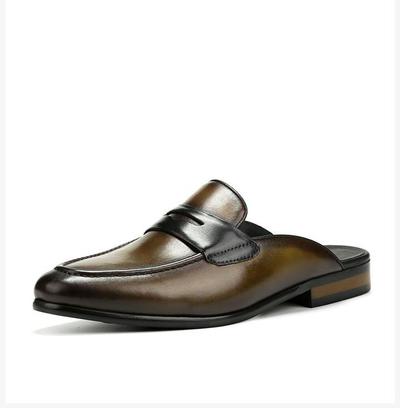 Handmade Men Brown & Black Leather Dress Formal Slip On Penny Open Loafers