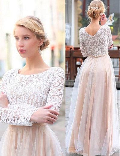 Long Sleeves Tulle long Bridesmaid Dresses with Lace