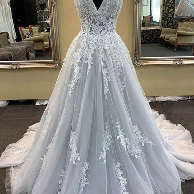 V neck tulle prom dresses with appliques - Thumbnail 5