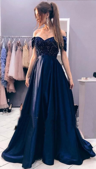 Off the Shoulder Long Prom Dresses with Rhinstone