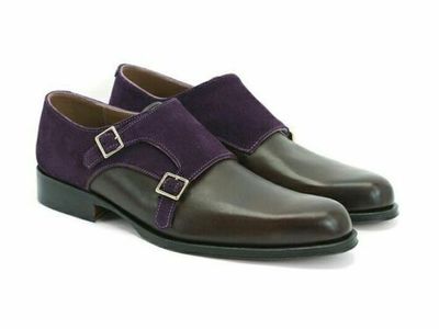 Men's Handmade Double Monk Strap Suede & Leather Shoes, Men's Black & Navy Shoes