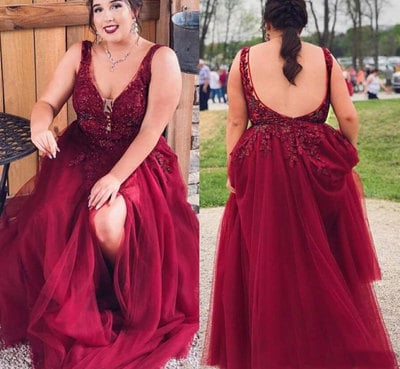 Plus Size V Neck Dark Red Prom Dresses with Appliques Lace