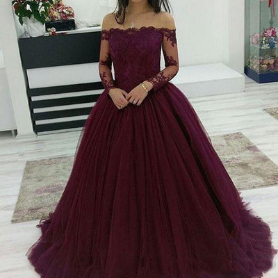 Bateau Long Sleeves Wine Tulle Prom Dresses with Appliques Lace