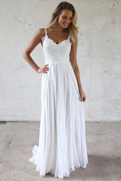 Elegant A-Line V Neck Open Back White Lace Beach Wedding Dresses,Simple Wedding Gown