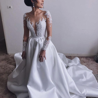 Charming A-line Round Neck Long Sleeve White Satin Wedding Dresses with Lace,Elegant Bridal Gown - Thumbnail 1