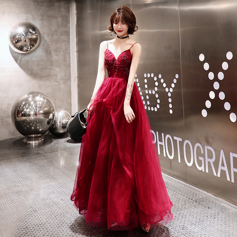 Burgundy v neck tulle long prom dress, lace dress