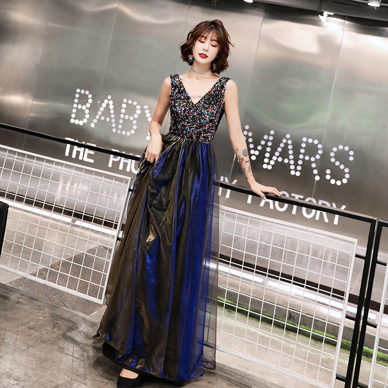 Stylish v neck tulle sequins long prom dress, evening dress