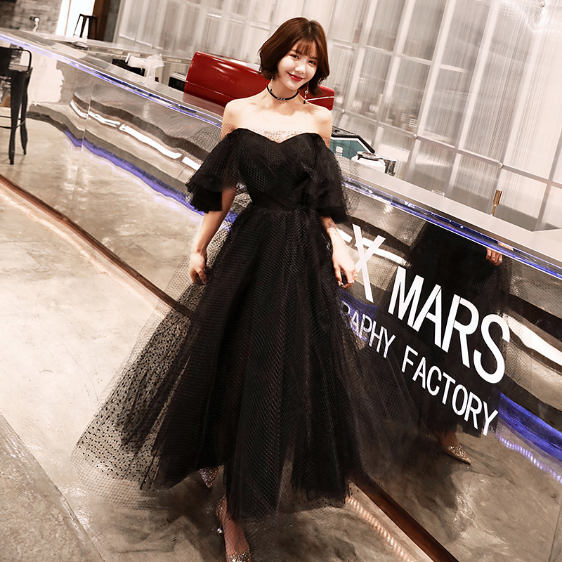 Black tulle long prom dress, black evening dress