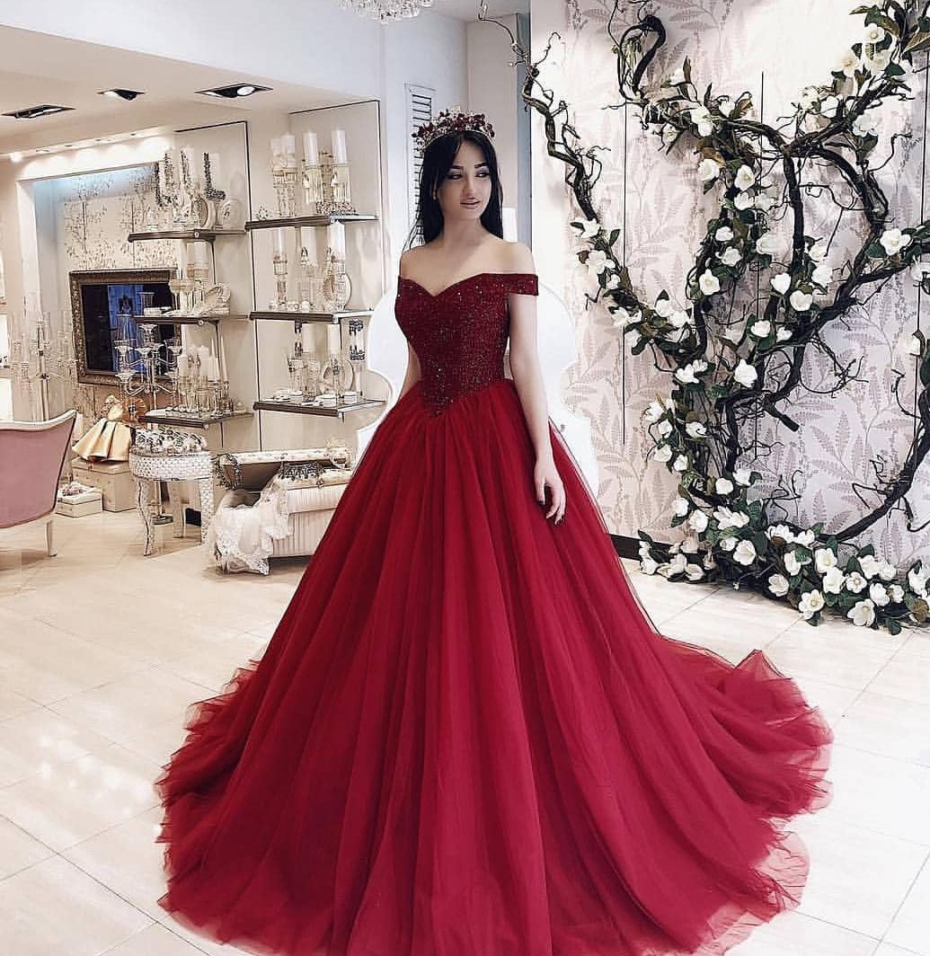 Burgundy tulle beads long prom dress, burgundy evening dress