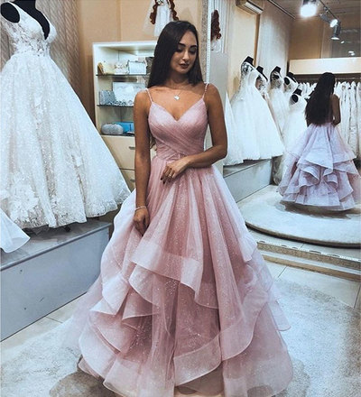 Pink v neck tulle long prom dress, pink evening dress