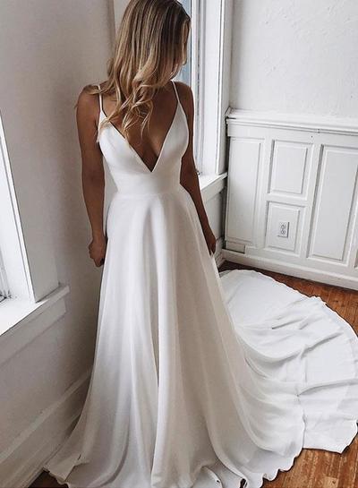 White v neck long prom dress, white lace evening dress