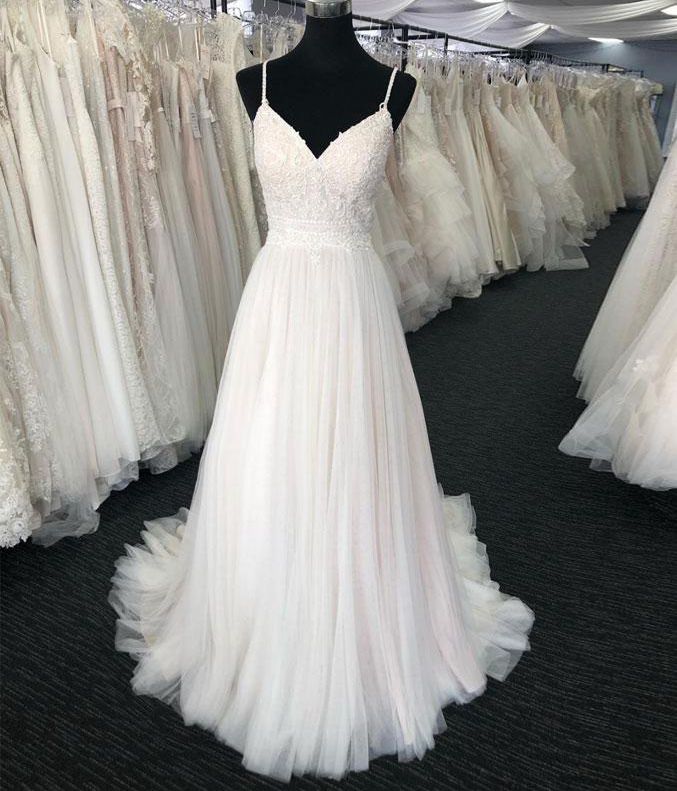White v neck tulle lace long prom dress, wedding dress