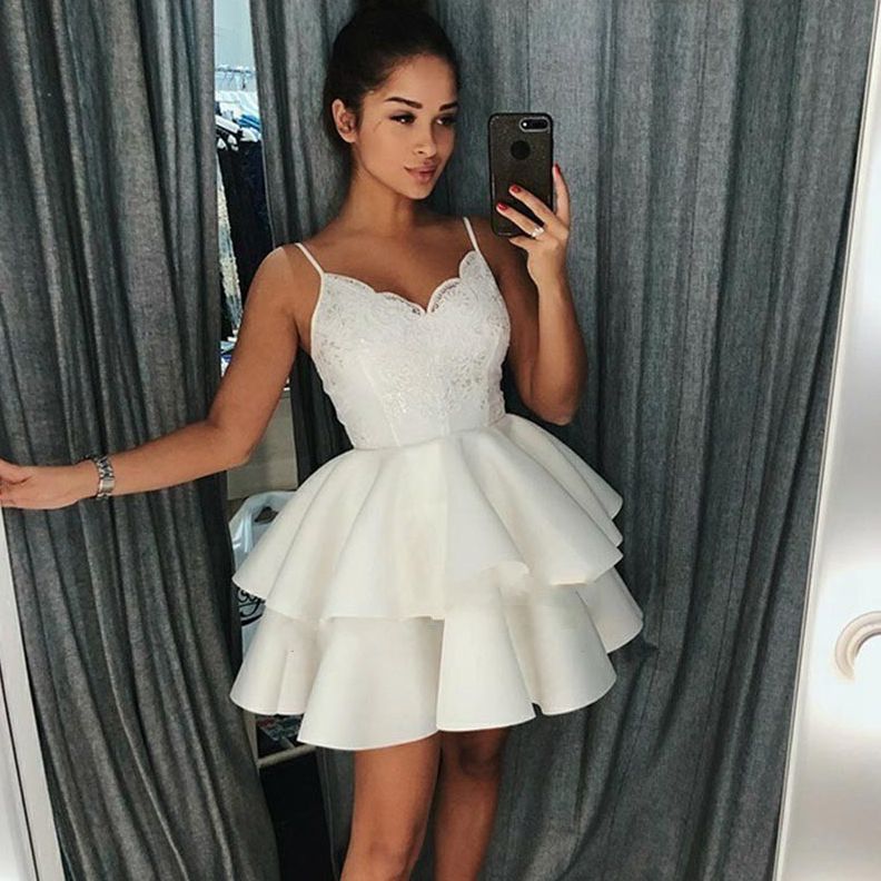 White v neck lace short prom dress, homecoming dress