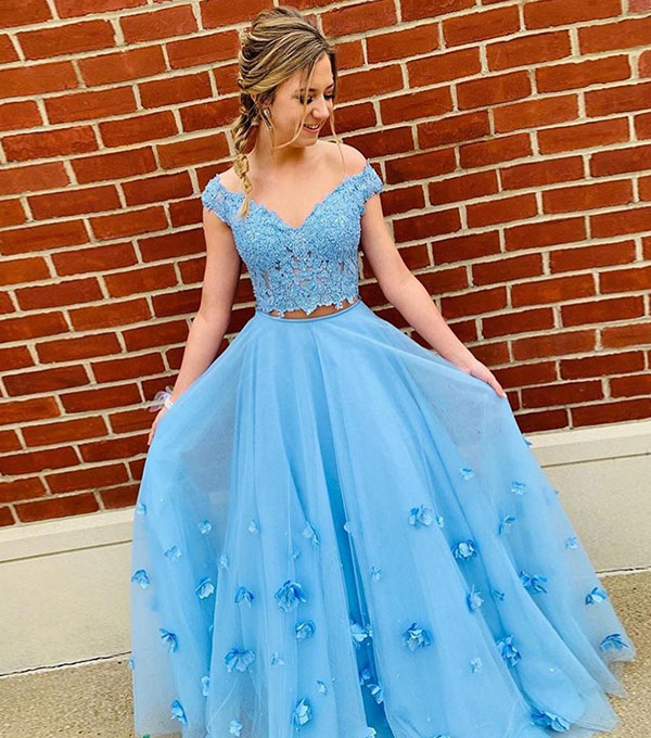 Blue lace tulle long prom dress, two pieces evening dress