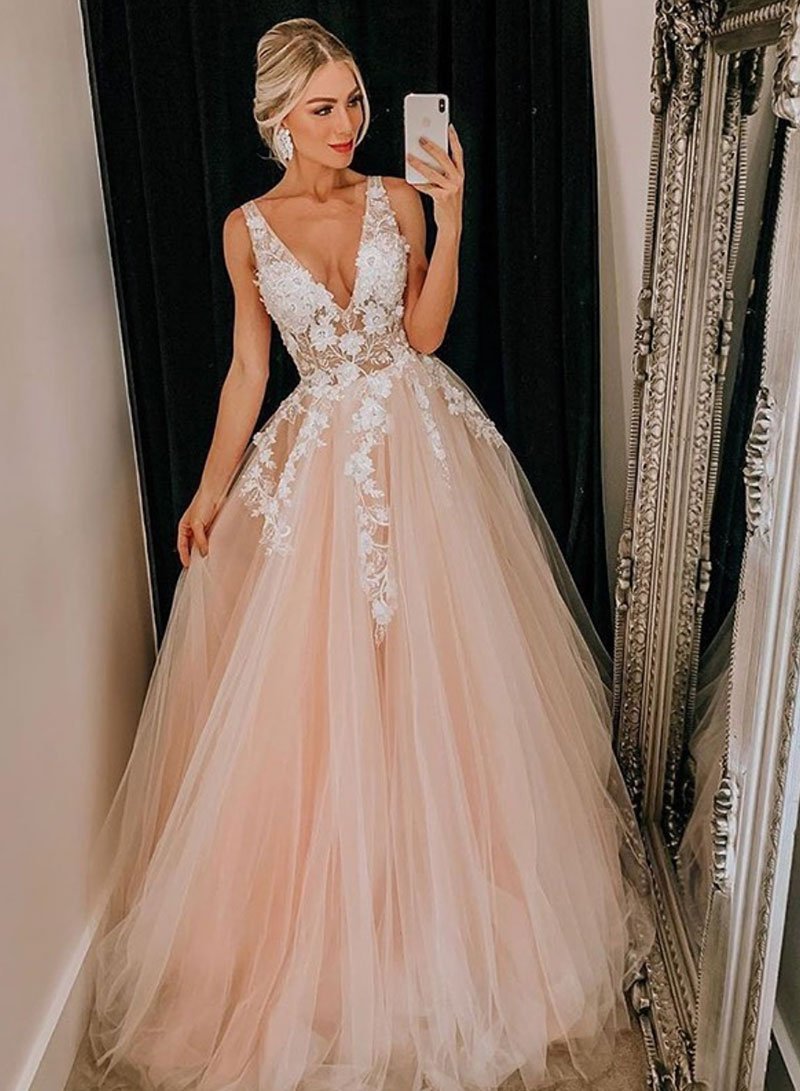 Pink v neck tulle lace long prom dress, pink evening dress