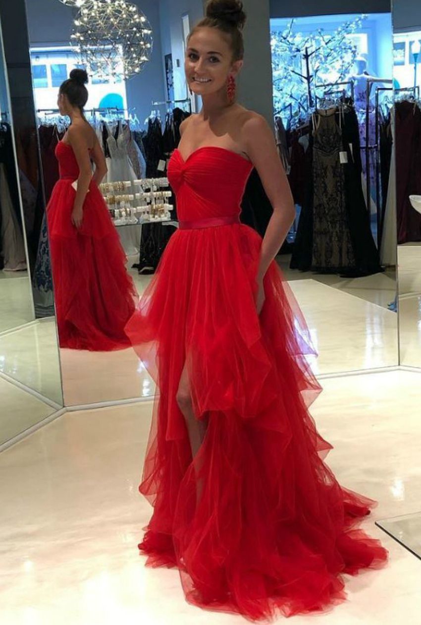 Red sweetheart neck tulle long prom dress, red evening dress