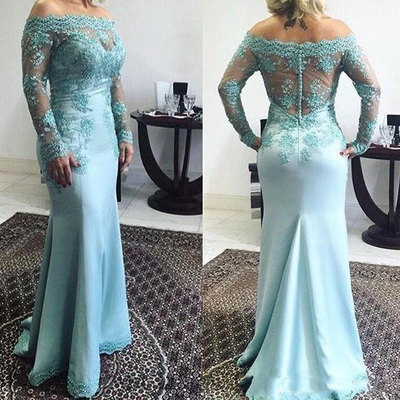 Bateau Long Mermaid Prom Dresses with Appliques