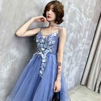 Cute blue v neck tulle applique short prom dress, homecoming dress - Thumbnail 1