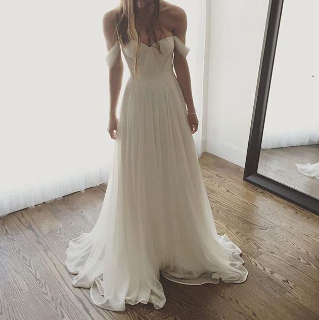 Simple white chiffon long prom dress, evening dress