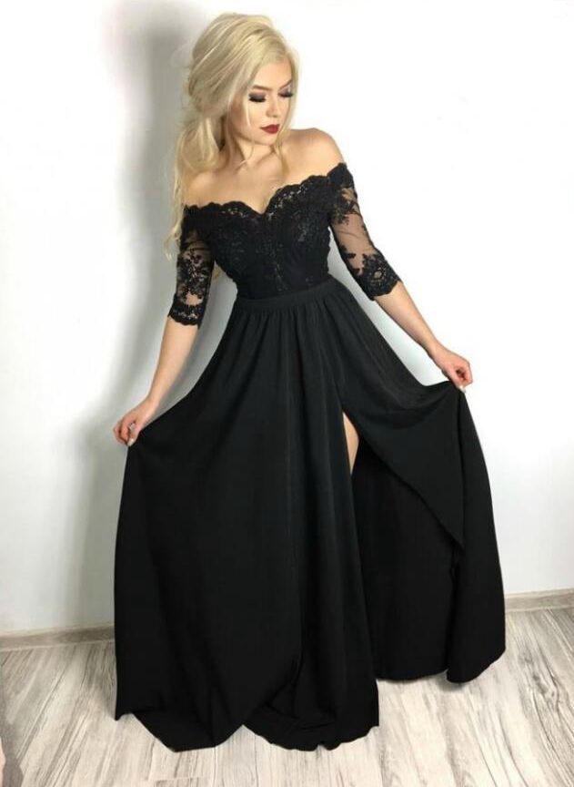 Black chiffon lace long prom dress, black evening dress