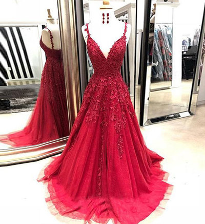 Burgundy v neck lace tulle long prom dress, evening dress