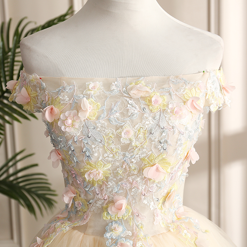 Champagne tulle lace long prom dress, formal dress