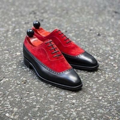 men's Red Black Leather Suede Lace Up Shoes Men Dress Formal Square Toe Shoes