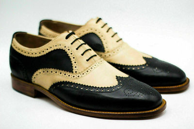 men's Beige Black Leather Lace Up Shoes Men Dress Formal Wing Tip Brogue Shoes