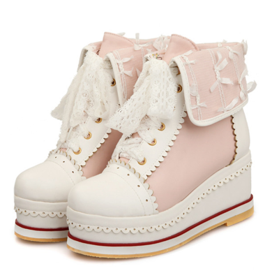 New lace strap colorblock wedge heel boots