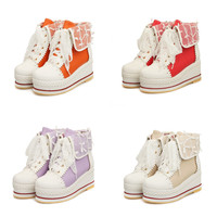 New lace strap colorblock wedge heel boots - Thumbnail 1