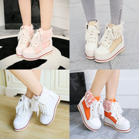 New lace strap colorblock wedge heel boots - Thumbnail 3