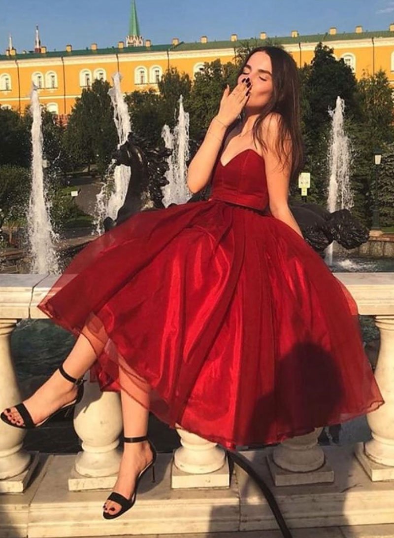 Cute tulle short prom dress, burgundy homecoming dress